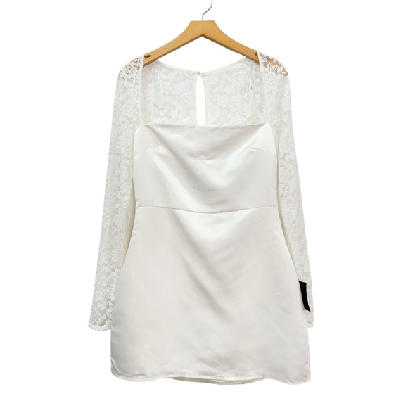 Lulus Prettiest Behavior White Satin Lace Long Sleeve Mini Dress size Large NWT - Picture 2 of 6